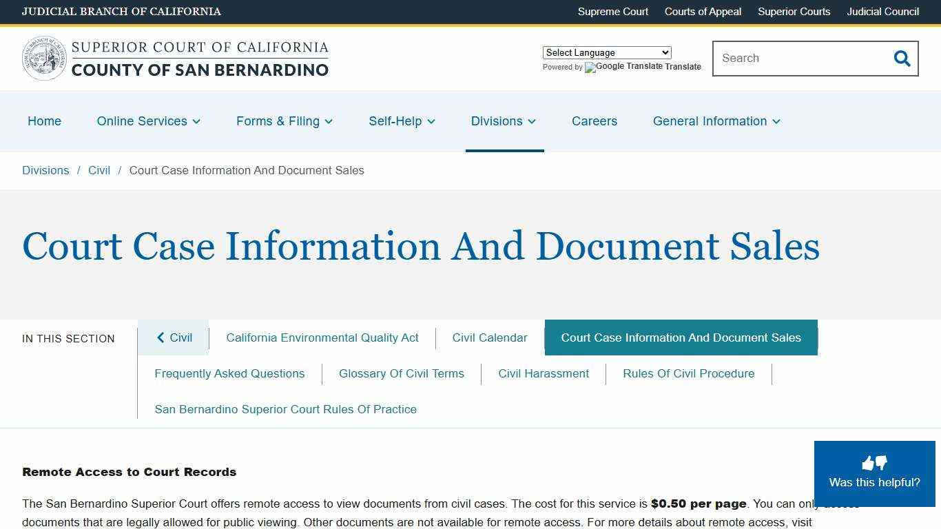 Court Case Information And Document Sales Superior Court of California County of San Bernardino